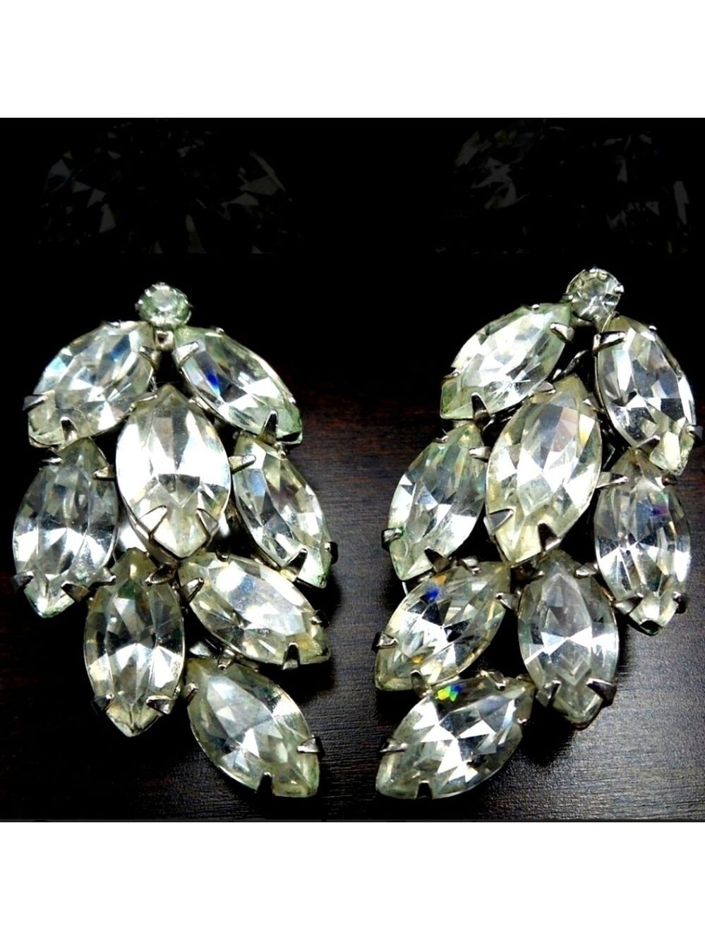 Weiss ​Vintage 1960 Clear Navette Rhinestone Clip-On Earrings Rare